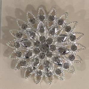 Flower Brooch Pin with Light Gray Diamonds - Silver Tone, New Condition